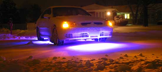 Subaru with Neons in Snow