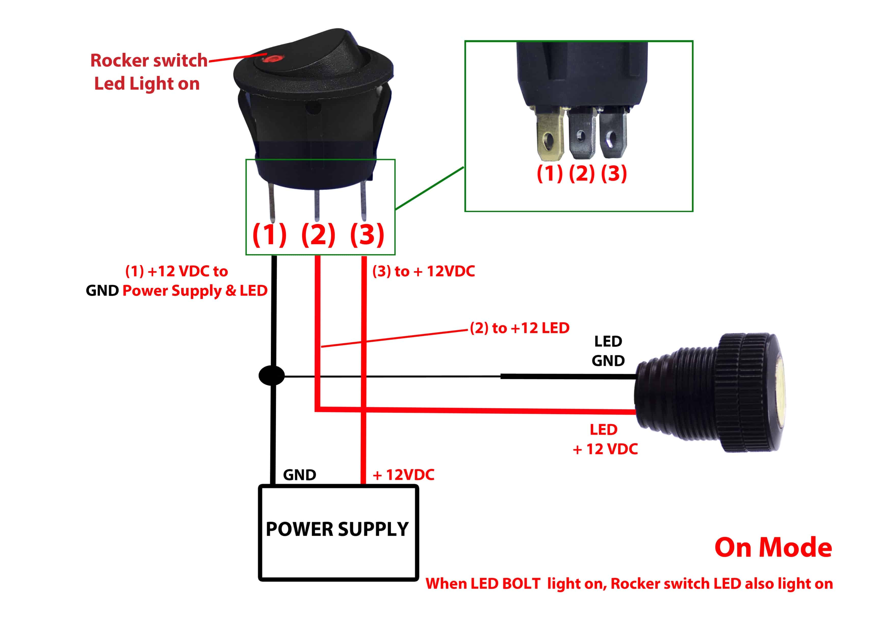 Round Rocker Switch - 12V LED - Prewired in Blue, Red ... 12 volt 3 pole switch wiring diagram 