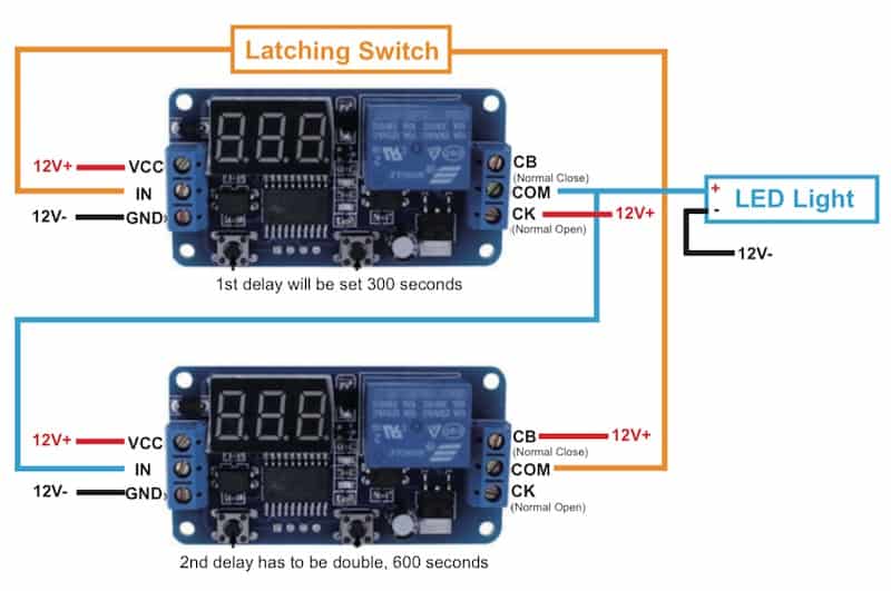 Looped latching multiple countdown timer delay switch relay