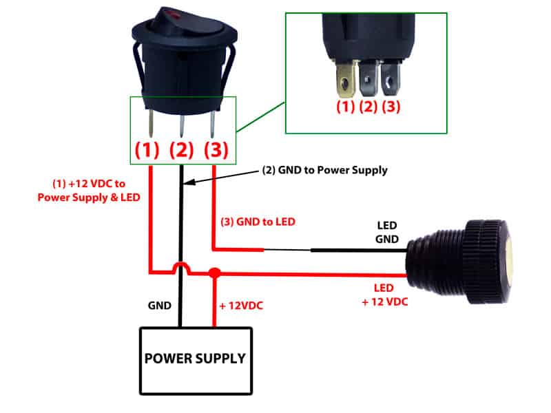 Round Rocker Switch 12V LED Prewired In Blue Red Green White 