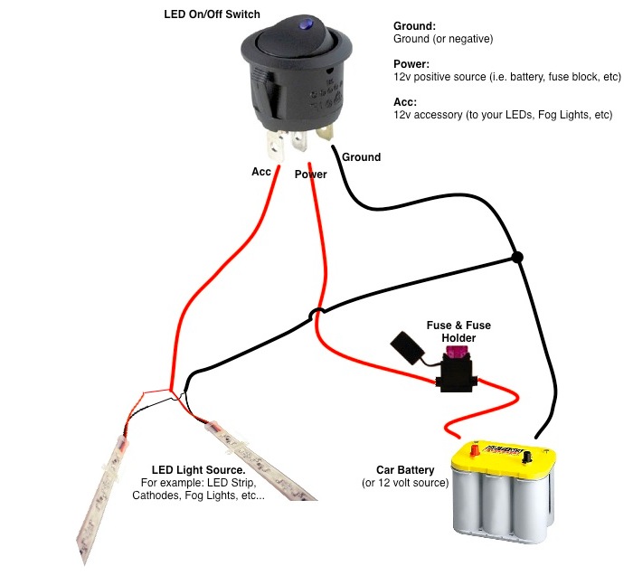 Round Rocker Switch - 12V LED - Prewired in Blue, Red ... 12 volt 3 pole switch wiring diagram 