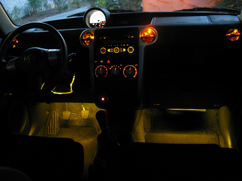 1 superflux in each vent, two 12\" cold cathodes under the dash, and an OEM style LED rocker switch under the AC controls.