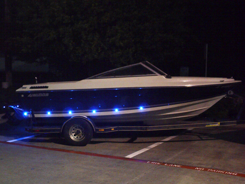 6 Superflux on each side of the boat with 7 mounted on the back. 4 of them shooting down from the swim deck and 3 shooting straight out the back. There are 19 Superflux in all with 30 leds mounted in the inside.