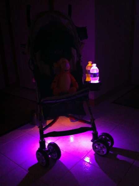 Baby Stroller.  Pre-wired surface mount LEDs underneath and in cupholder.  Straight LED modules in the storage compartment.  Remote controller dimmer and strobe switch installed.  This gets a lot of attention!