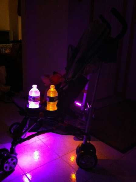 Baby Stroller.  Pre-wired surface mount LEDs underneath and in cupholder.  Straight LED modules in the storage compartment.  Remote controller dimmer and strobe switch installed.  This gets a lot of attention!