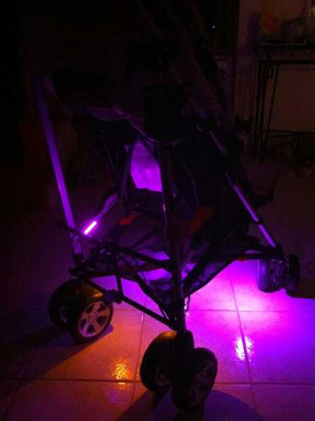 Baby Stroller.  Pre-wired surface mount LEDs underneath and in cupholder.  Straight LED modules in the storage compartment.  Remote controller dimmer and strobe switch installed.  This gets a lot of attention!