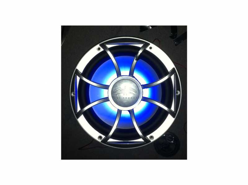 Wet Sounds XS-10FA with blue surface mounted LEDs mounted behind the grille.