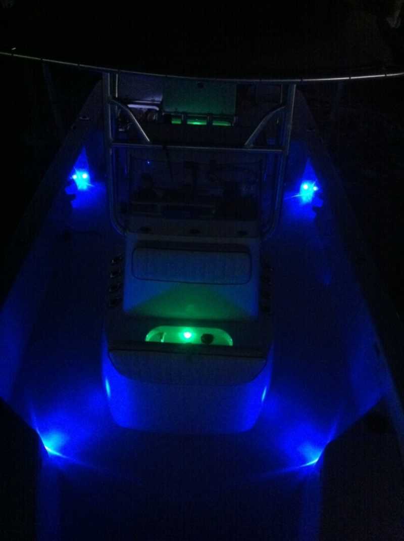 Super Flux LED's installed in my Blackjack boat.  Blue courtesy lights, Green livewell lights and white added in the battery compartment and under the center console.  Looks Awesome leaving the boat ramp in the morning!!