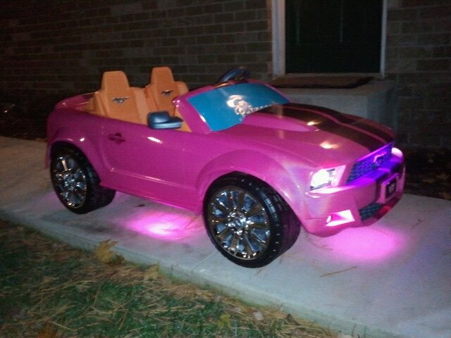 4.7" pink leds strips under front and rear bumpers and both rocker panels for underbody glow, 1ft waterproof ribbon led UV (purple) under lip of hood to accent grill, and 4 superflux leds giving light to the headlights and fog lights with a pink led switch on/off switch on the dash to light everything up! (Custom paint by me) My little girl loves it!!