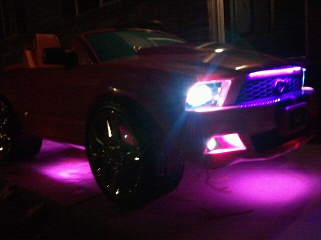4.7" pink leds strips under front and rear bumpers and both rocker panels for underbody glow, 1ft waterproof ribbon led UV (purple) under lip of hood to accent grill, and 4 superflux leds giving light to the headlights and fog lights with a pink led switch on/off switch on the dash to light everything up! (Custom paint by me) My little girl loves it!!