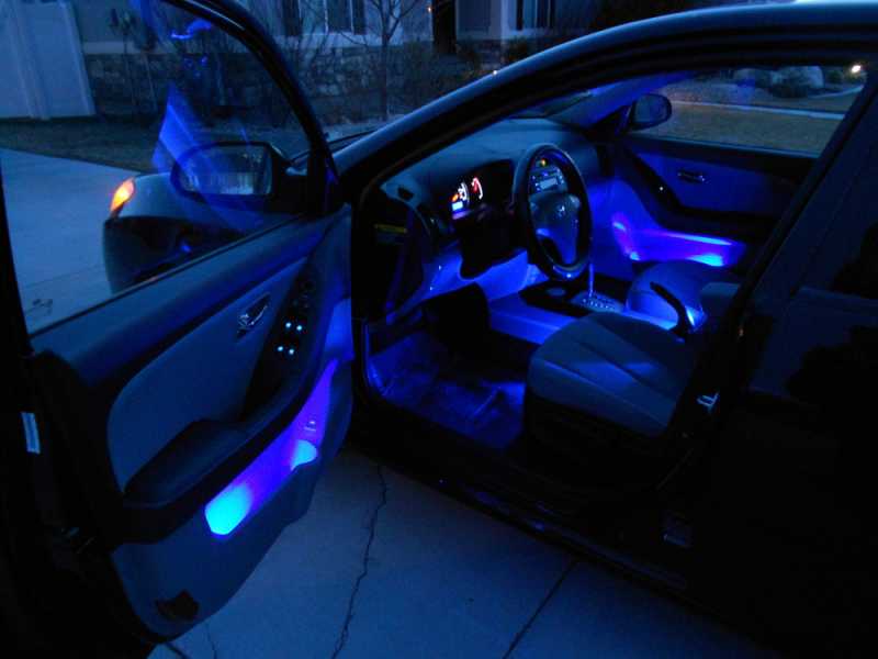 2010 Hyundai Elantra - 3" ribbon strip in each door pocket, and a single surface mount LED under each seat and center arm rest.