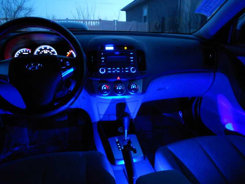 2010 Hyundai Elantra - 3" ribbon strip in each door pocket, and a single surface mount LED under each seat and center arm rest.