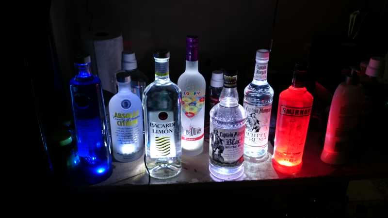 Bottle lamps. Lights are inside the bottles and the bottles are filled with water. Completely waterproof as advertised.